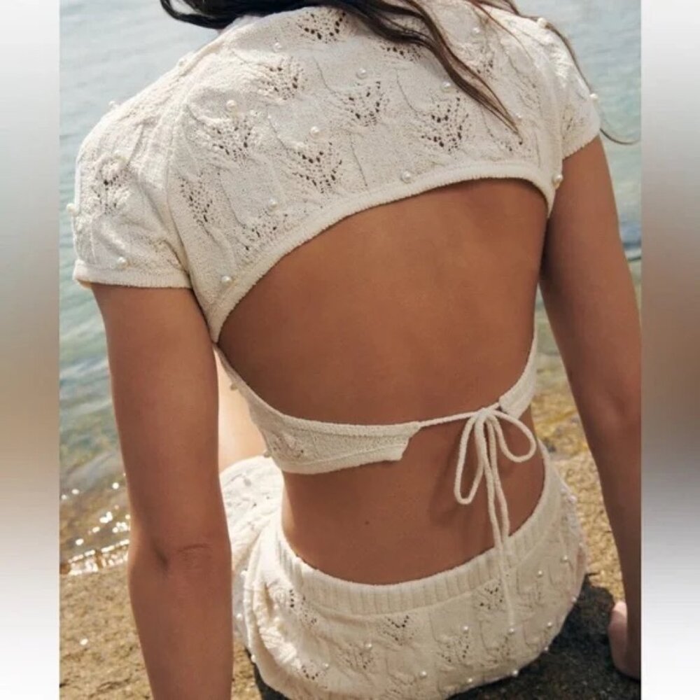 ZARA knit crop top Open back with faux Pearls White  Size  XL Ref 4331/104